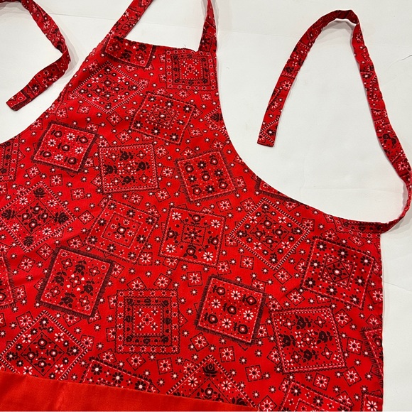 Red Cloth Tie Apron Chef Cooking Pockets Paisley Geometric Print - Picture 6 of 15